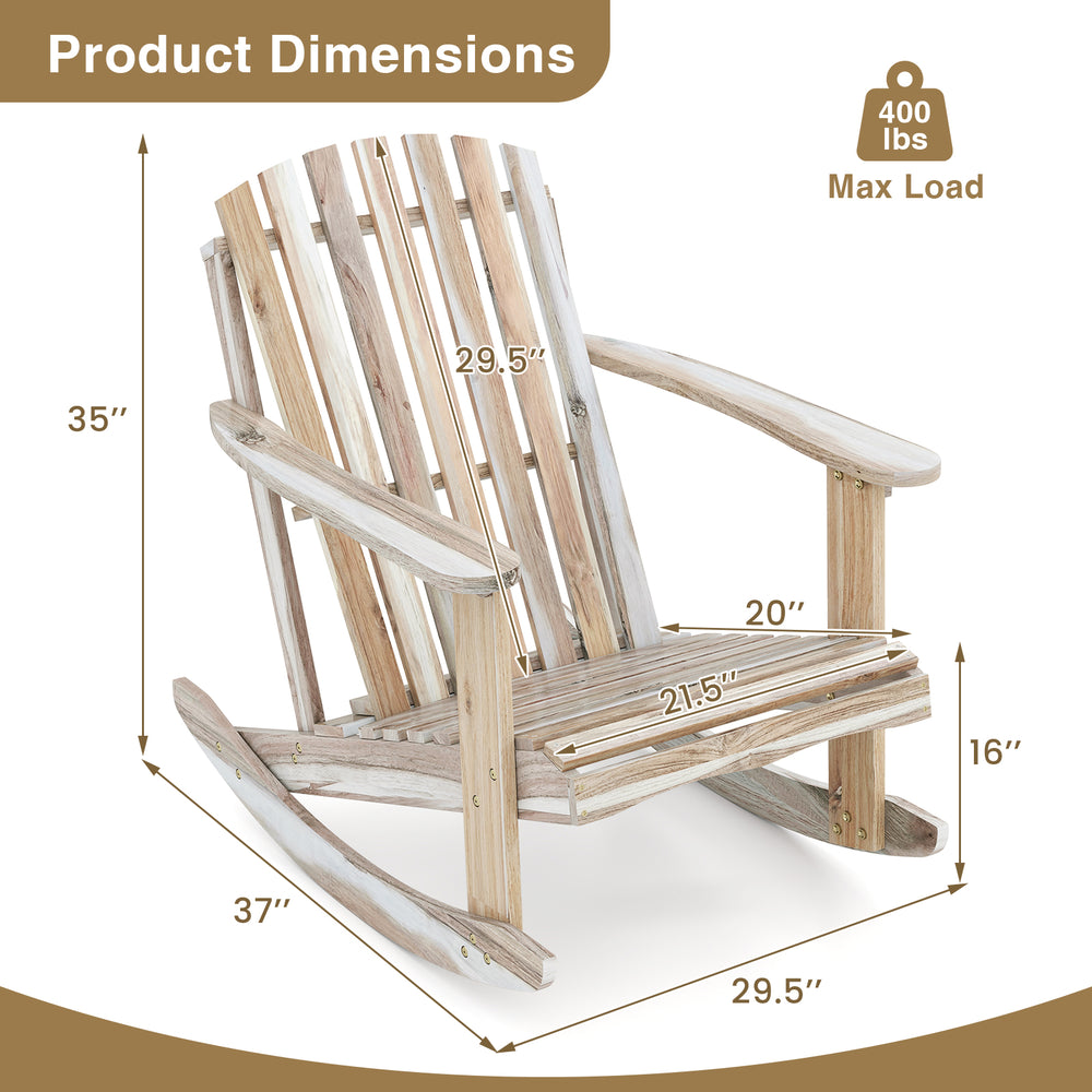Adirondack rocking chair with slatted seat, solid acacia wood, ergonomic high fanned back, ideal for outdoor relaxation.