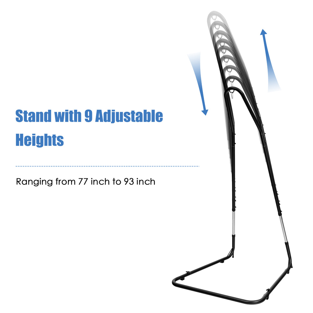 Adjustable hammock chair stand with 9 heights, made from heavy-duty steel, supports up to 330 pounds for indoor or.