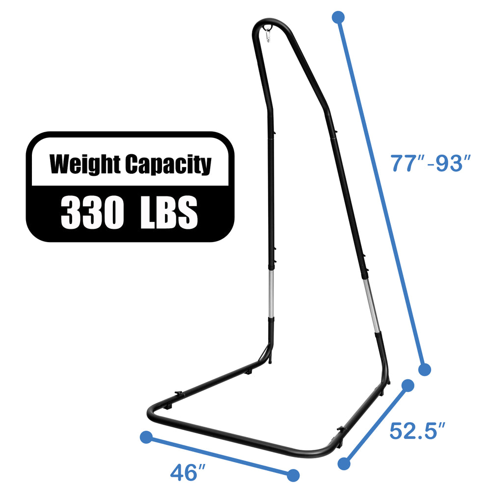 Adjustable hammock chair stand with heavy-duty steel frame, height 77"-93", supports 330 lbs for indoor or outdoor use.