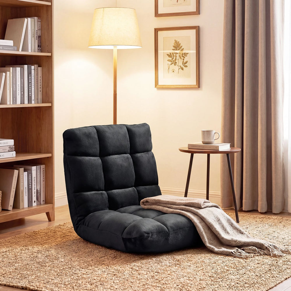 Adjustable 14-Position Floor Chair with Soft Flannel Cover and Heavy Duty Metal Support for Adults-Black - Gallery View 1 of 10