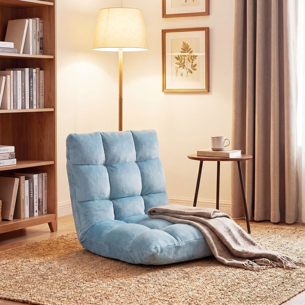 Adjustable floor chair in light green with soft flannel cover and ergonomic design, perfect for gaming or relaxation.