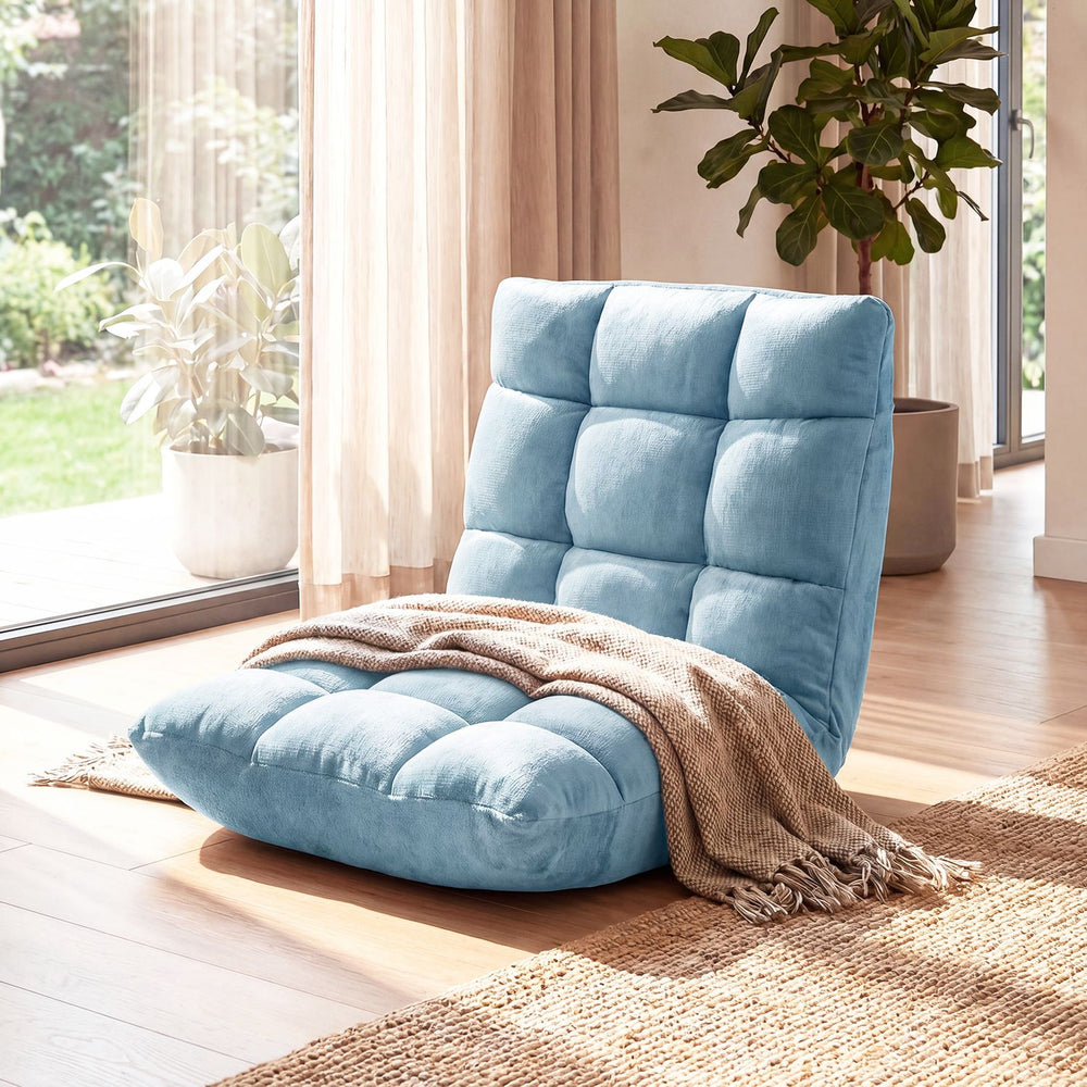 Adjustable floor chair in light green features soft flannel cover and ergonomic design for comfortable seating.
