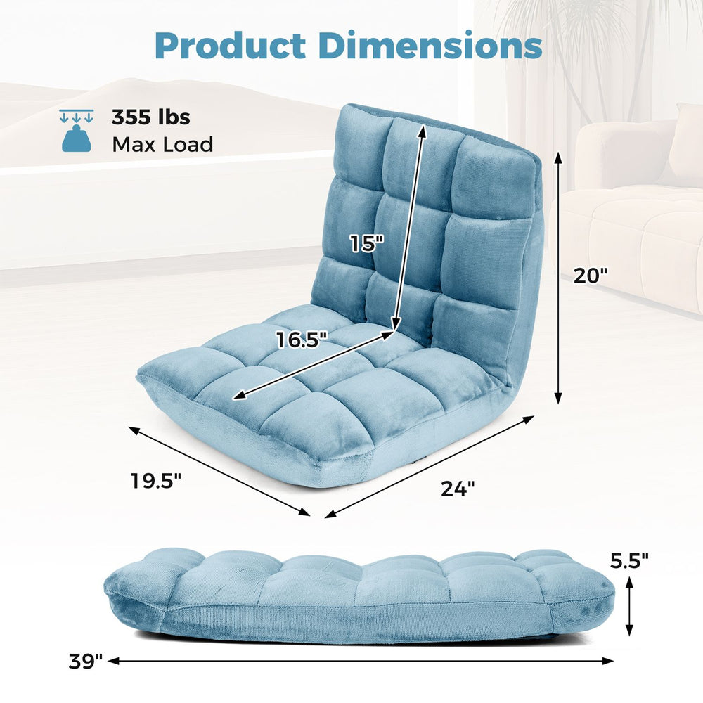 Adjustable floor chair in light green with soft flannel cover, featuring 14 positions for versatile comfort and support.