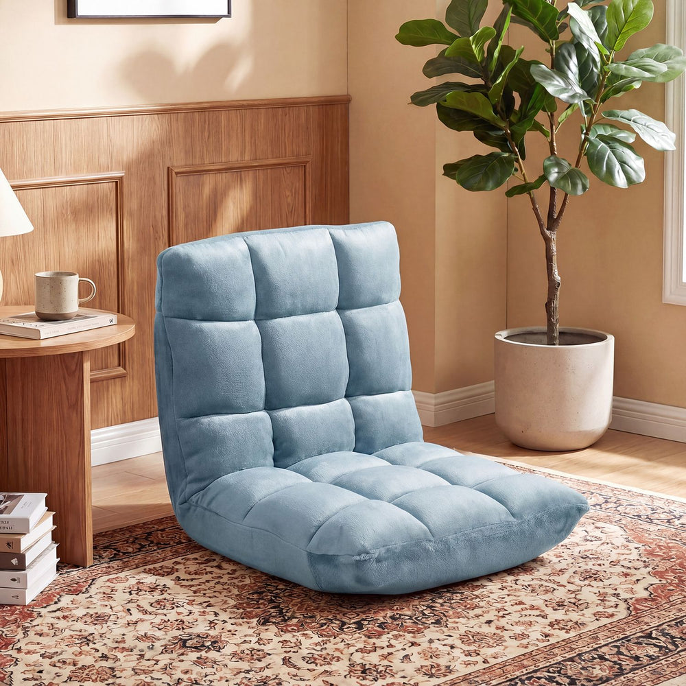 Adjustable floor chair in light green with soft flannel cover, ergonomic design, and multi-angle backrest for comfort.