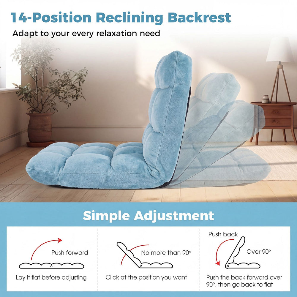 Adjustable 14-position floor chair in light green with soft flannel cover, perfect for gaming and relaxation.