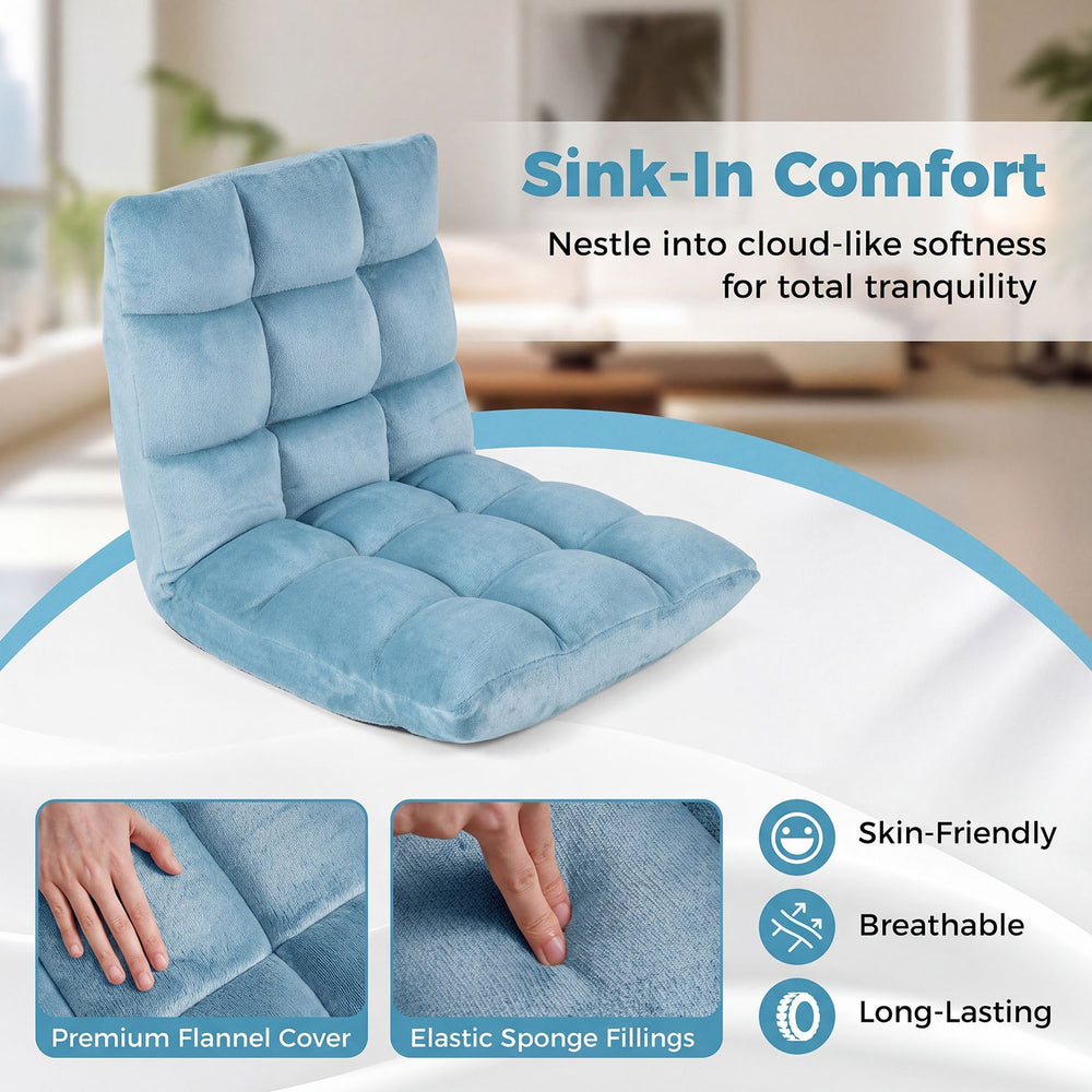 Adjustable floor chair in light green features a soft flannel cover and 14-position backrest for versatile comfort.