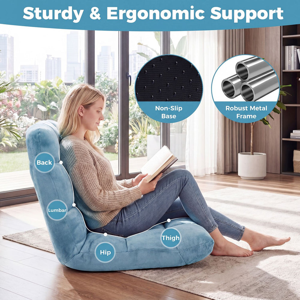 Adjustable floor chair in light green features a soft flannel cover, ergonomic design, and sturdy metal support for comfort.