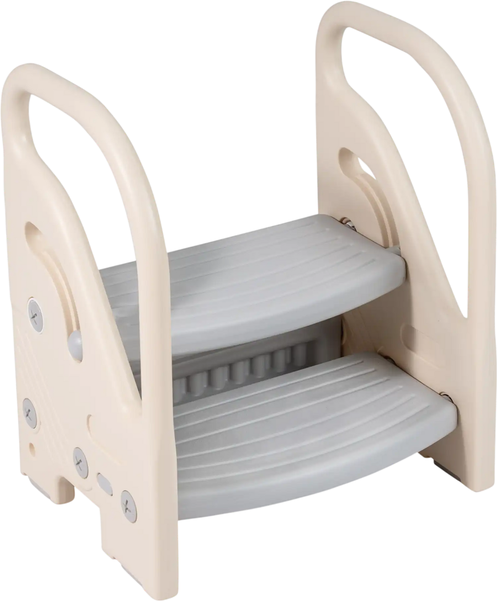 Adjustable 2-step kids helper stool in gray with safety handles and non-slip pads for safe climbing and reaching.