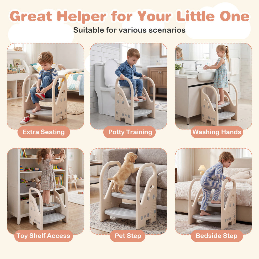 Adjustable 2-step kids helper stool in gray with safety handles, ideal for potty training and washing hands.