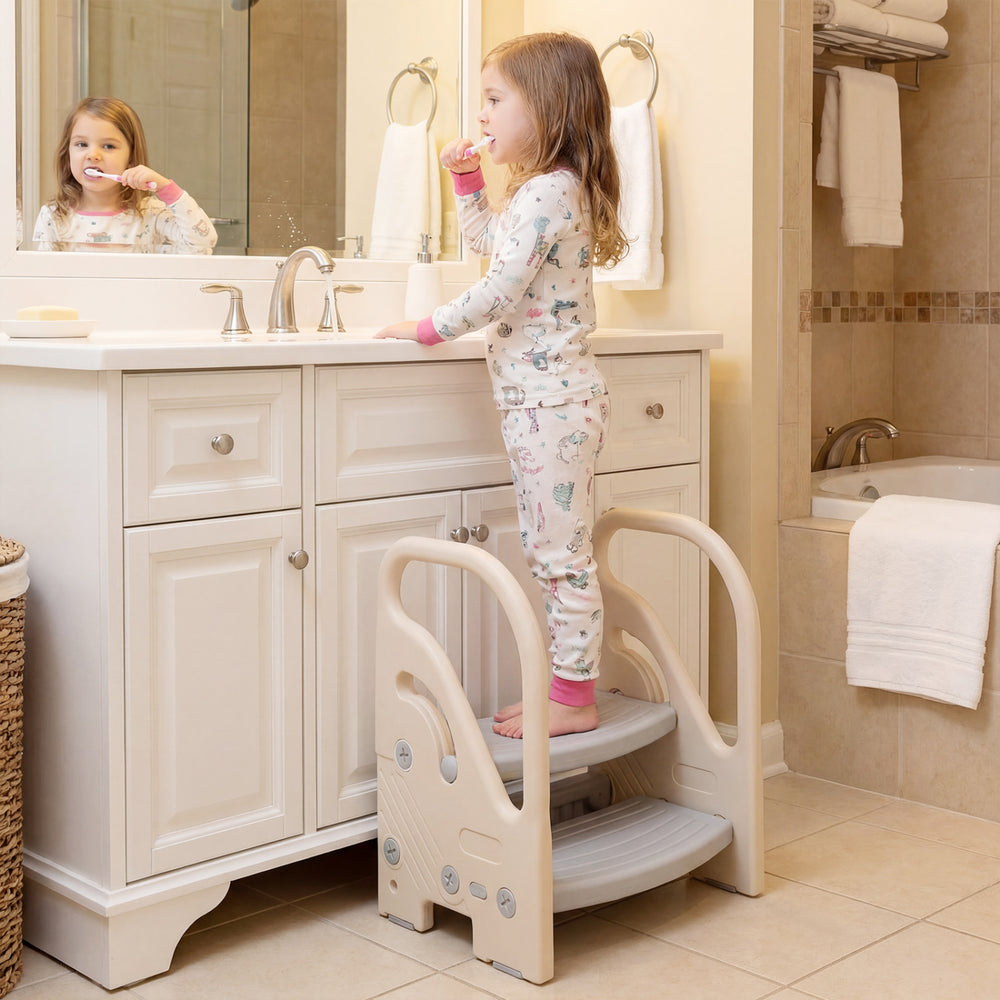 Adjustable 2-step kids helper stool in gray with safety handles, ideal for brushing teeth and reaching high places.