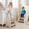 Adjustable 2-step kids helper stool in gray with safety handles, ideal for bathroom use and climbing confidence.