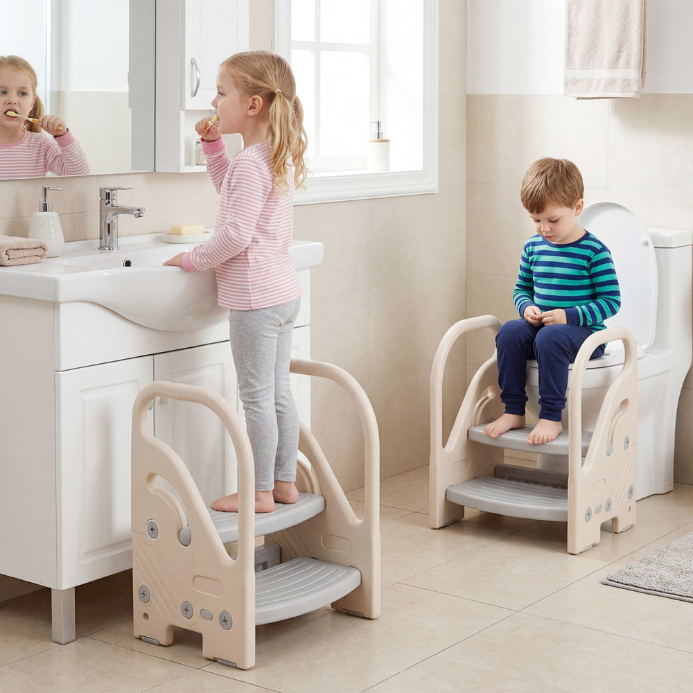 Adjustable 2-step kids helper stool in gray with safety handles, ideal for bathroom use and climbing confidence.