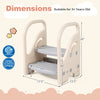 Adjustable 2-step kids helper stool with safety handles, non-slip pads, and dimensions for safe use in bedrooms.