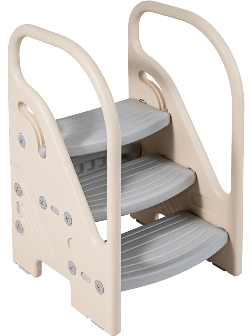Adjustable 3-step stool in gray with safety handles, ideal for kids' daily activities and easy assembly.