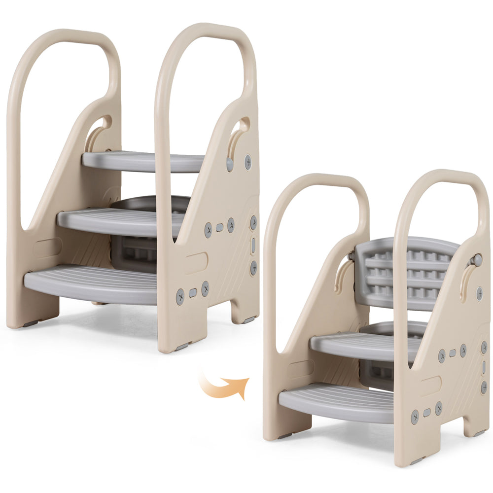 Adjustable 3-step stool with safety handles, converts to 2-step, ideal for kids' daily activities and safe climbing.