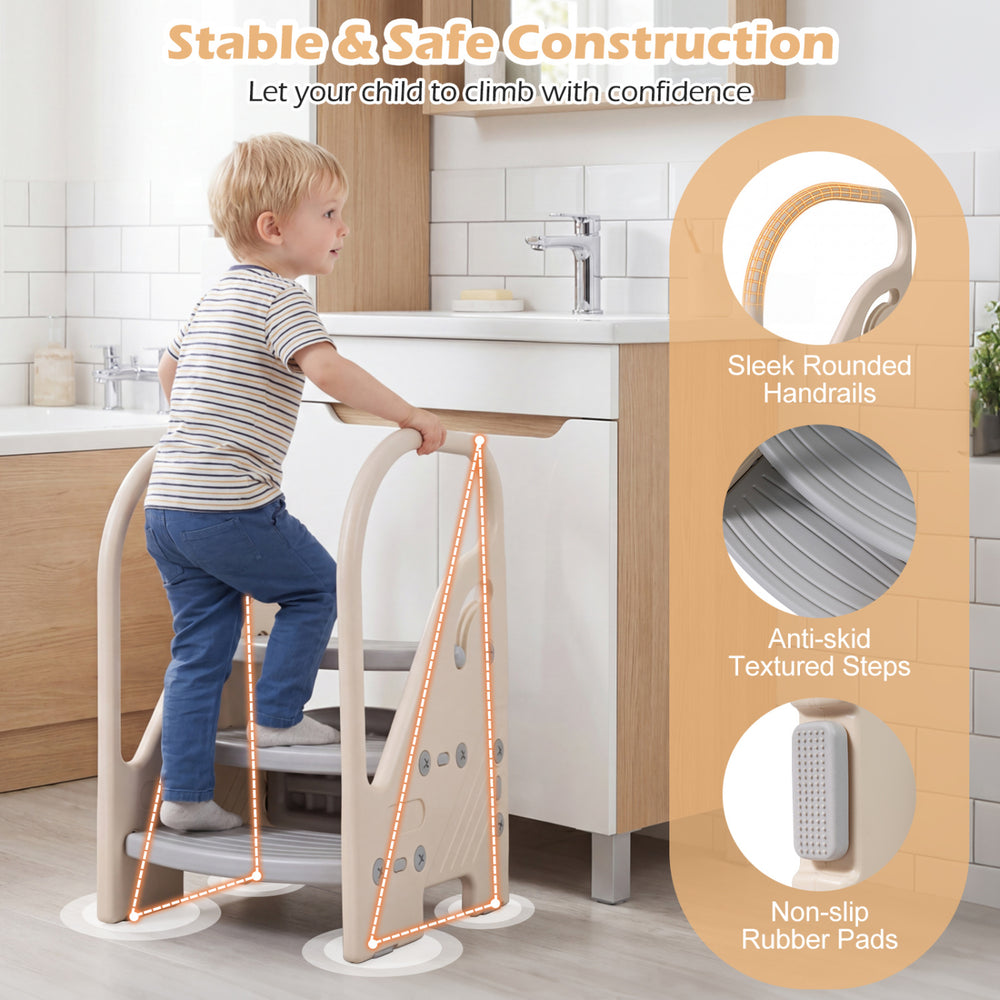 Adjustable 3-step helper stool in gray with safety handles, anti-skid steps, and non-slip rubber pads for kids' use.