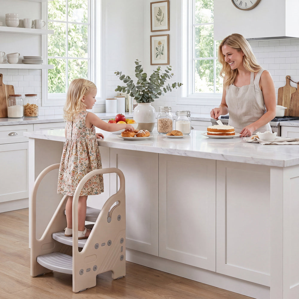 Adjustable 3-step helper stool in gray with safety handles, ideal for kids to reach countertops and assist in the.