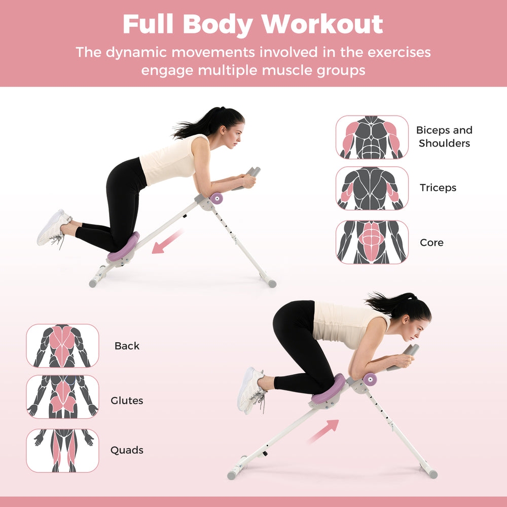 Adjustable abdominal trainer in white showing full body workout positions, engaging multiple muscle groups for.