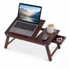 Adjustable bamboo laptop desk with tilting top, side storage drawer, and flexible height for versatile use at home or outdoors.