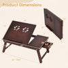 Adjustable bamboo laptop desk with tilting top, featuring dual ventilation holes and flexible height adjustment for versatile use.