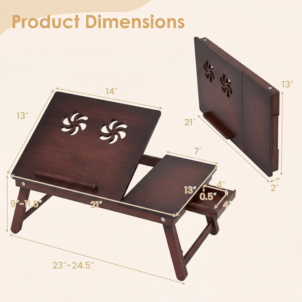 Adjustable bamboo laptop desk with tilting top, featuring dual ventilation holes and flexible height adjustment for versatile use.