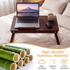 Adjustable bamboo laptop desk features a tilting top, dual ventilation holes, and height adjustment for versatile use.