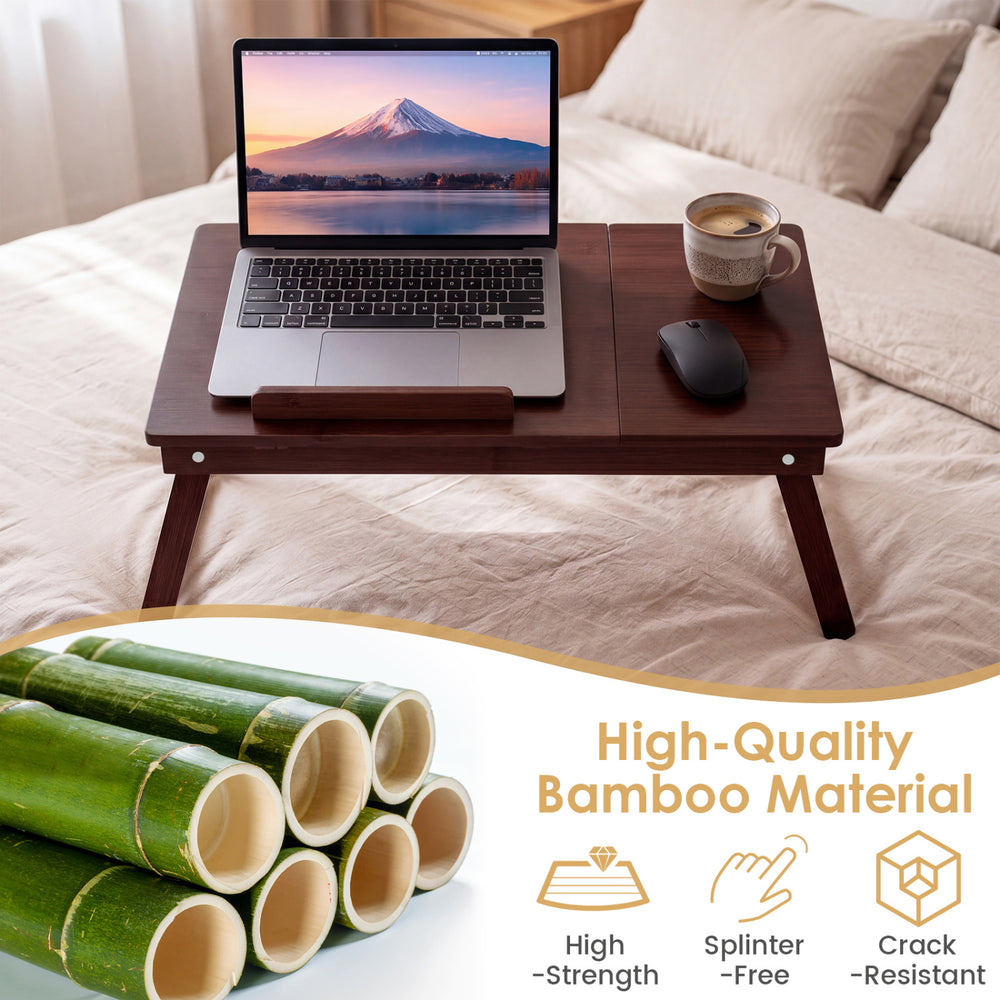 Adjustable bamboo laptop desk features a tilting top, dual ventilation holes, and height adjustment for versatile use.