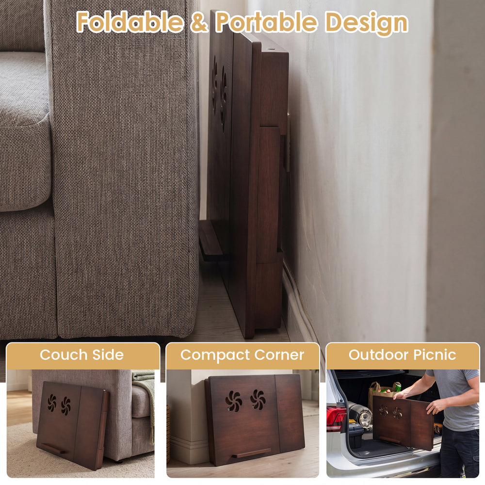 Adjustable bamboo laptop desk with tilting top, foldable design, ideal for couch side use or outdoor picnics.