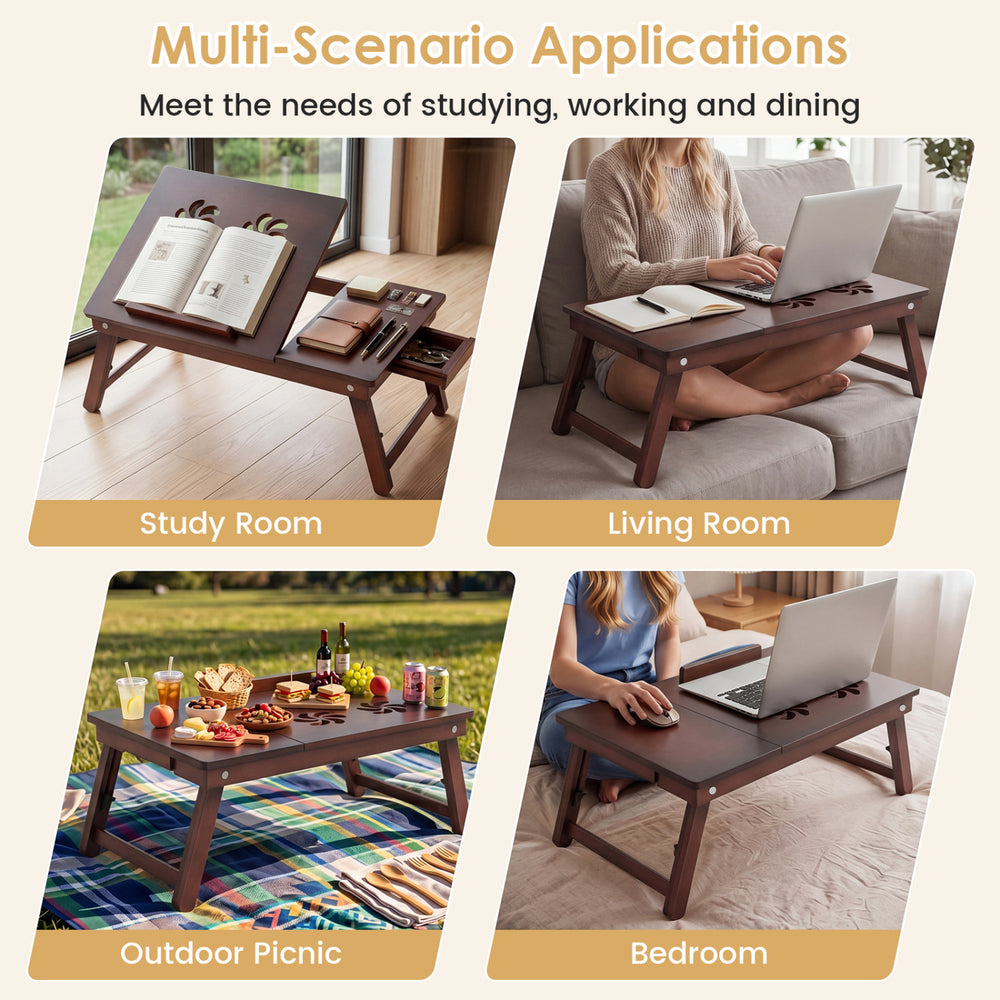 Adjustable bamboo laptop desk with tilting top and storage drawer, perfect for studying, working, or dining at home.