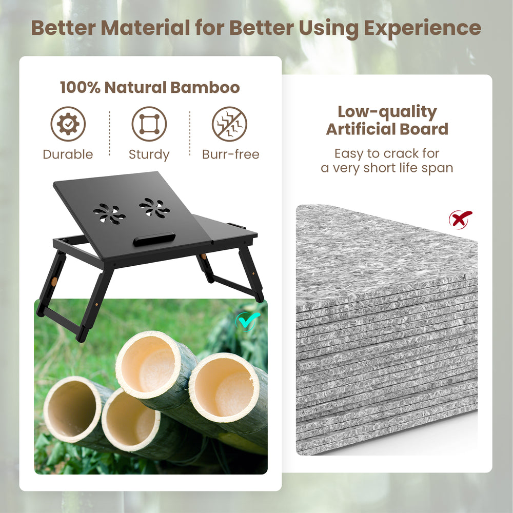 Adjustable bamboo laptop desk with tilting top, featuring a slide drawer and sturdy design for versatile use in any.