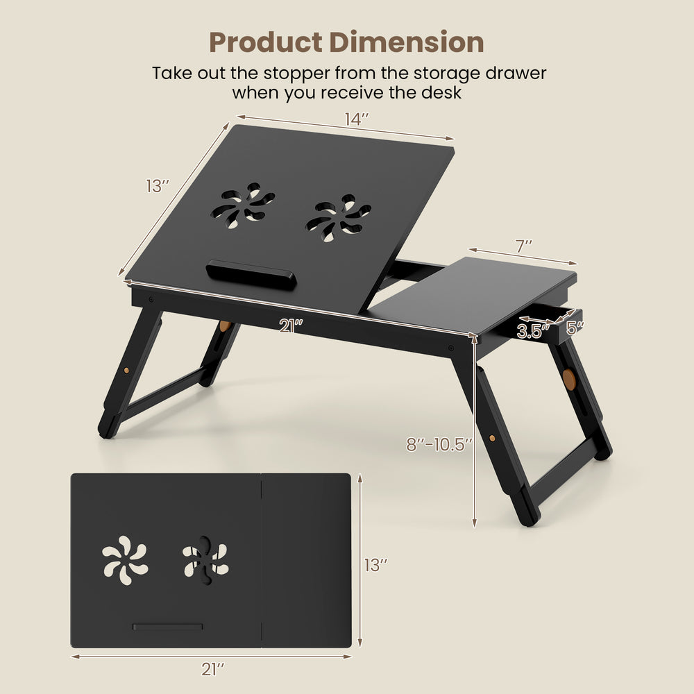 Adjustable bamboo laptop desk with tilting top, slide drawer, and fan-shaped design for optimal viewing and storage.