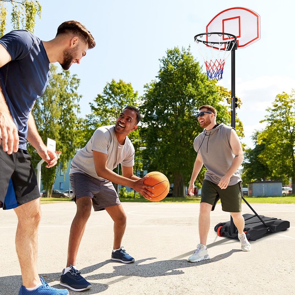 Adjustable basketball hoop system with wheels, height adjustable 5.8 to 6.8 ft, ideal for indoor and outdoor play.