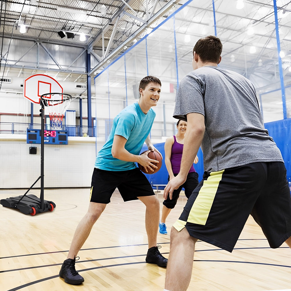 Adjustable basketball hoop system with wheels, featuring a durable backboard and height adjustable from 5.8 ft to 6.8.