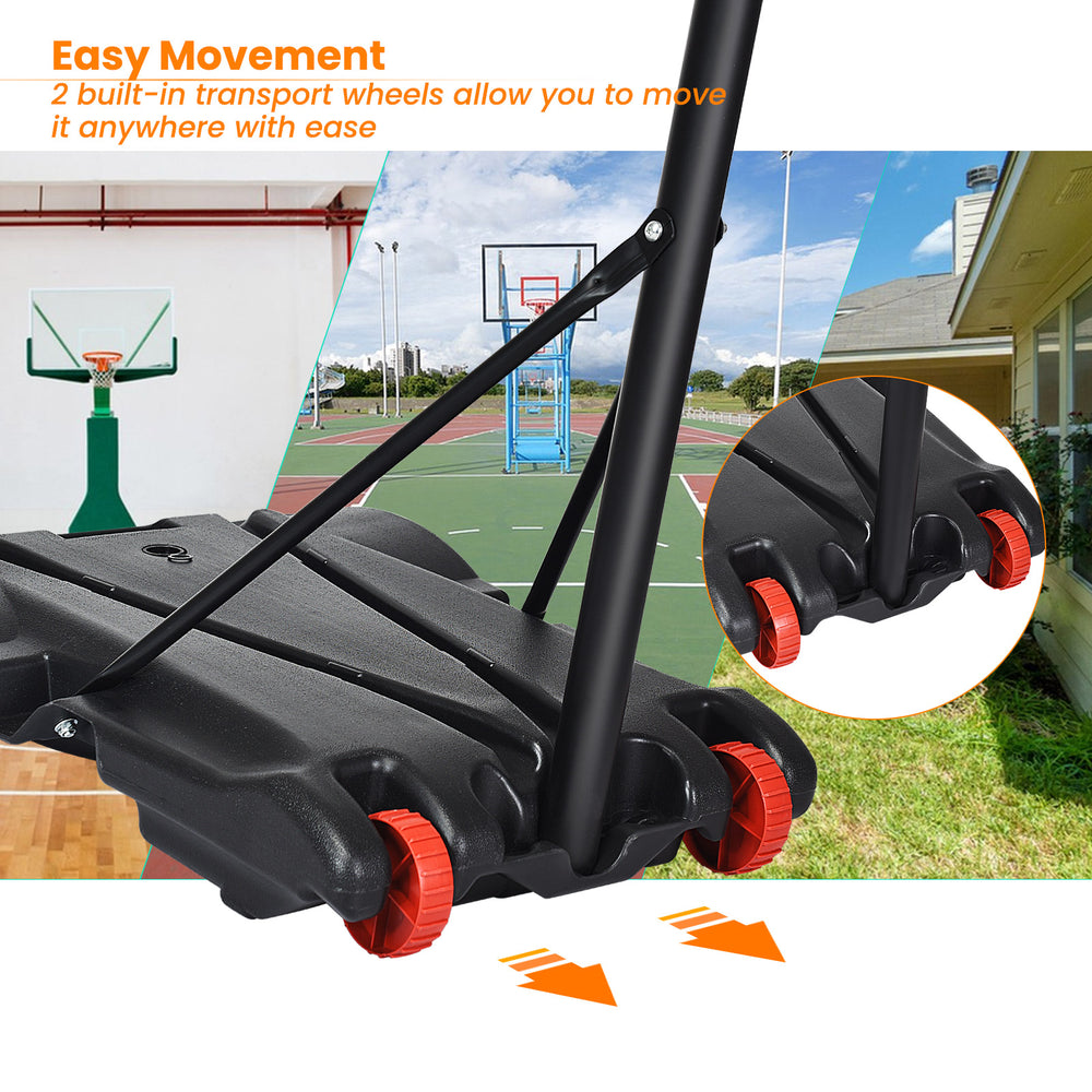Adjustable basketball hoop system stand with wheels for easy movement, featuring a durable backboard and heavy-duty.
