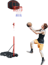 Adjustable basketball hoop system with portable design, fillable base, and weather-resistant features for outdoor play.