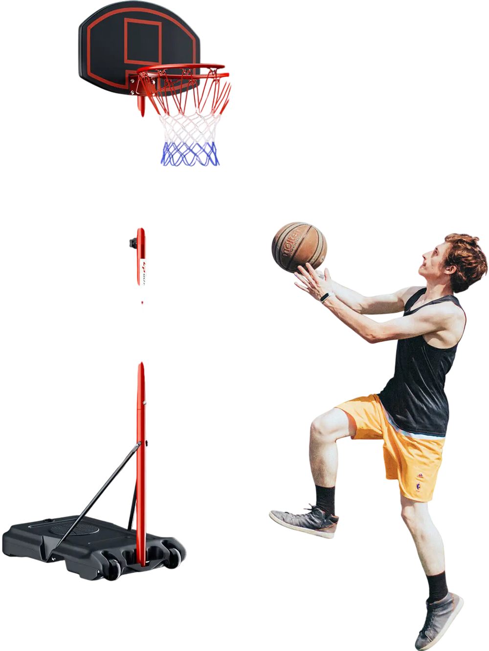 Adjustable basketball hoop system with portable design, fillable base, and weather-resistant features for outdoor play.