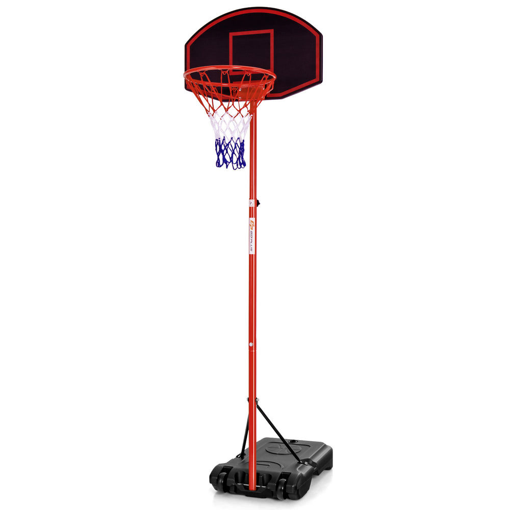 Adjustable portable basketball hoop in black and red with fillable base and 2 wheels for easy transport and stability.