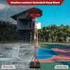 Adjustable basketball hoop stand in black and red, featuring a fillable base and wheels for easy transport outdoors.