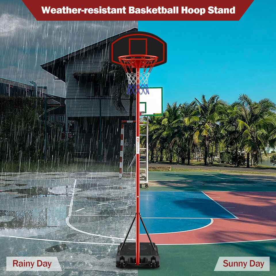 Adjustable basketball hoop stand in black and red, featuring a fillable base and wheels for easy transport outdoors.