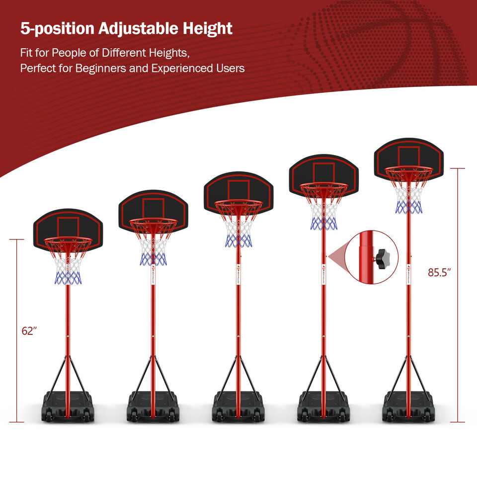 Adjustable basketball hoop system with 5-position height, portable design, and fillable base for stability. Ideal for.