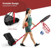 Portable basketball hoop system with adjustable height, 2 wheels for easy transport, and fillable base for stability.