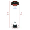 Adjustable basketball hoop system in black and red with a fillable base and two wheels for easy transport and stability.