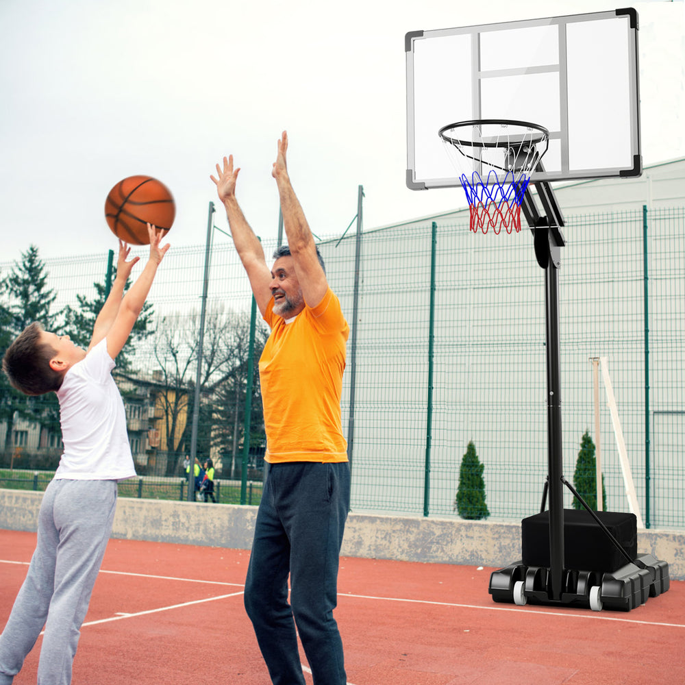 Adjustable basketball hoop with shatterproof backboard, ideal for indoor and outdoor play, featuring a portable design.