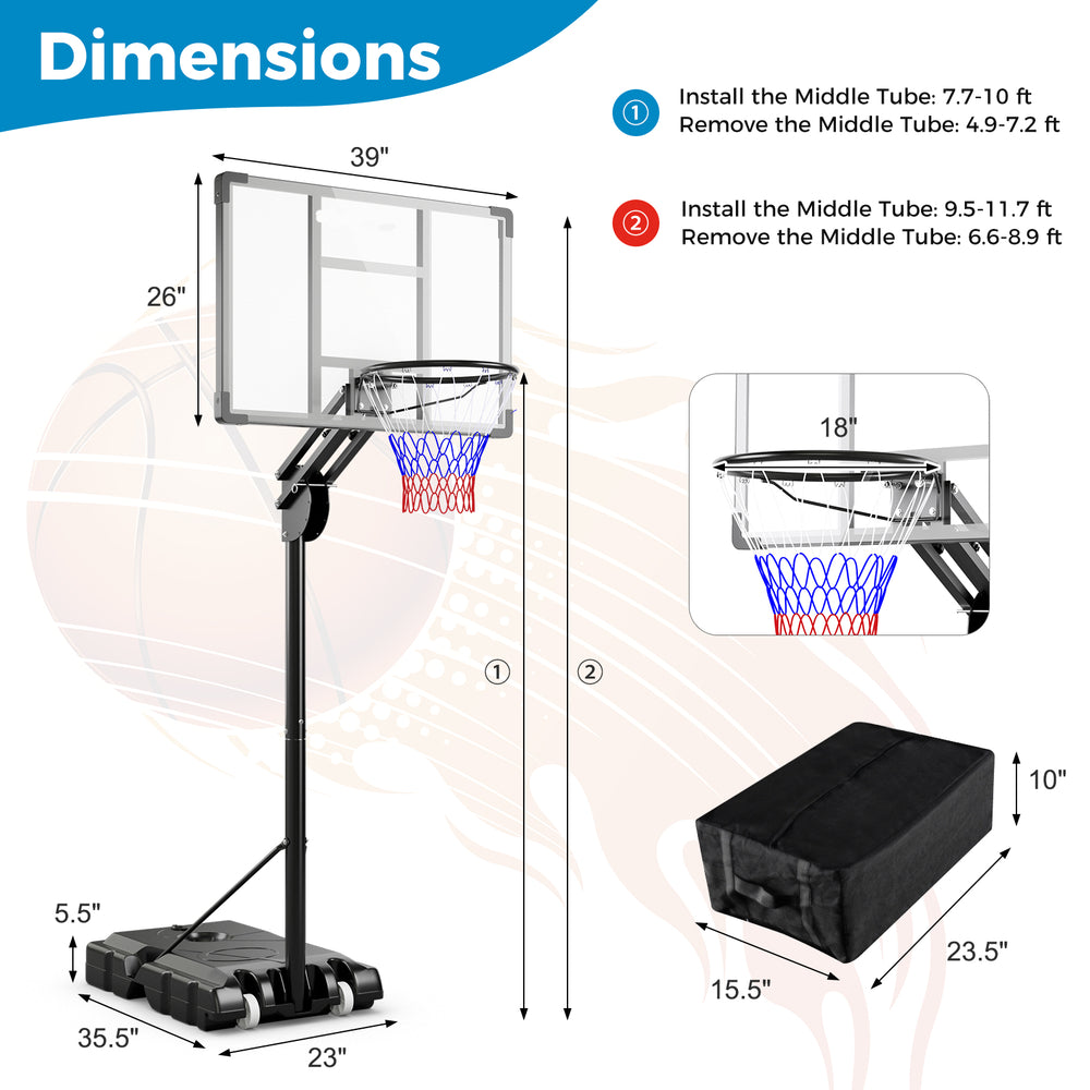 Adjustable basketball hoop dimensions with shatterproof backboard, fillable base, and safety locking latch for.