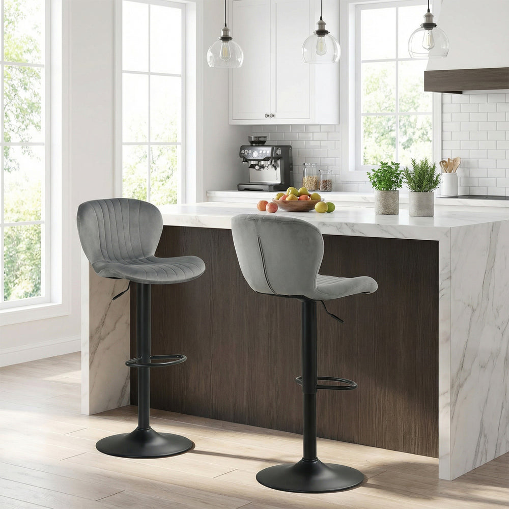 Adjustable gray velvet counter height chairs set of 2 with swivel design, perfect for modern home bars or dining rooms.