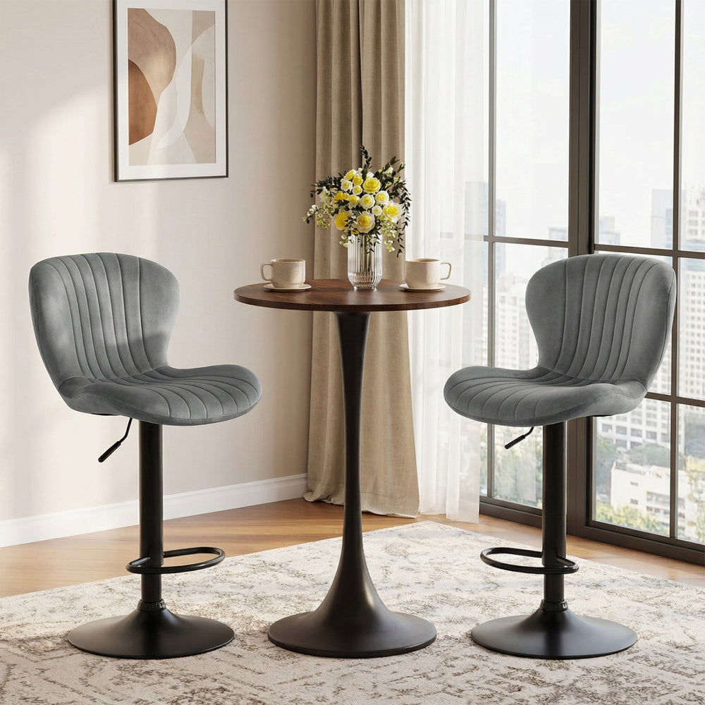 Adjustable gray velvet counter height chairs set of 2 with swivel design, perfect for home bars and dining rooms.