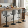 Adjustable gray velvet counter height chairs with 360° swivel and round metal base, ideal for home bars and dining.