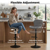 Adjustable gray counter height chair with velvet upholstery, 360° swivel, and height range of 24"-32" for versatile use.