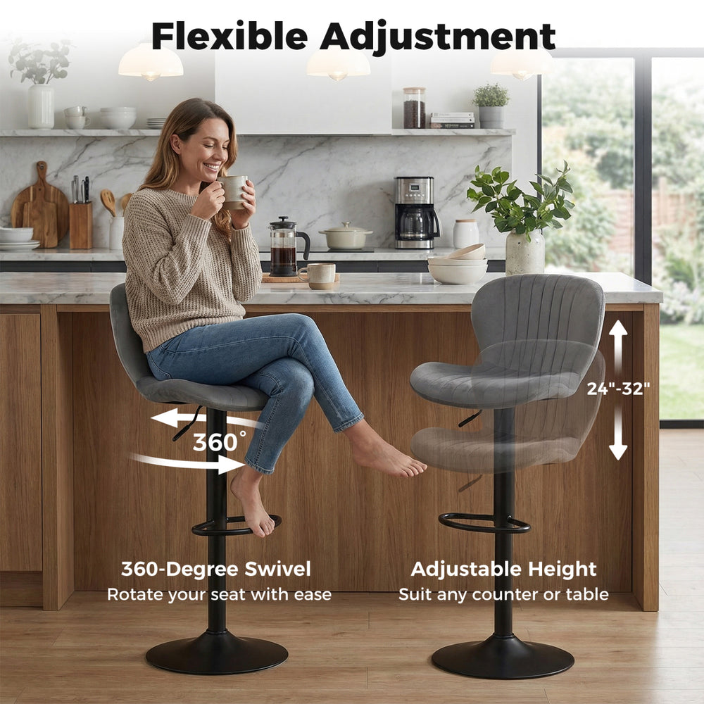 Adjustable gray counter height chair with velvet upholstery, 360° swivel, and height range of 24"-32" for versatile use.