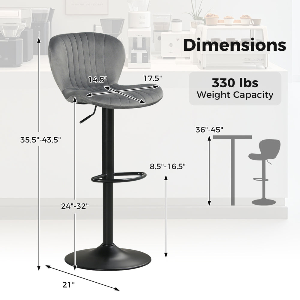 Adjustable gray counter height chair with velvet upholstery, 24"-32" seat height, ideal for home bars and dining rooms.
